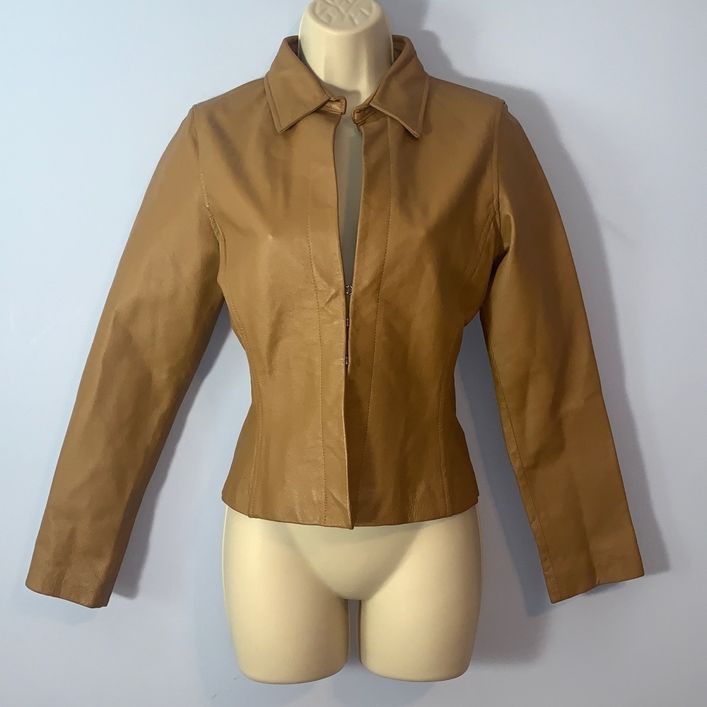 Rampage tan ocher Leather shirt Jacket 3 hook and eye closure fitted size small